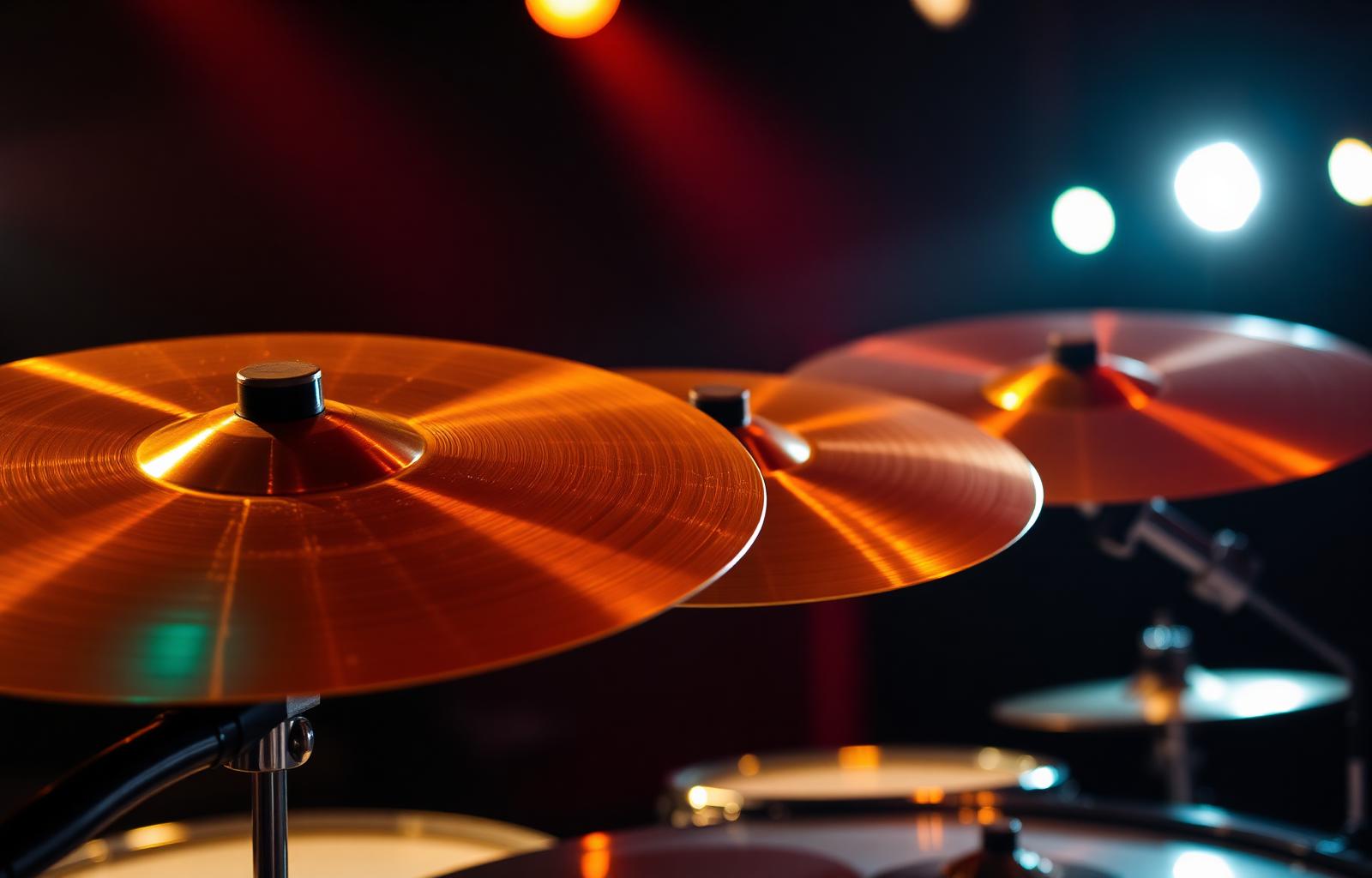Close-up of warm-lit cymbals